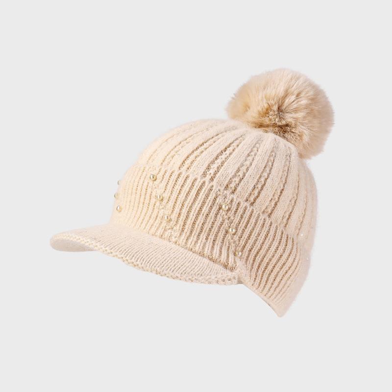 

Rabbit Hair Baseball Cap Women Pearl Thick Hair Ball Knitted Duck Cap Ear Protection Warm Cap бежевый