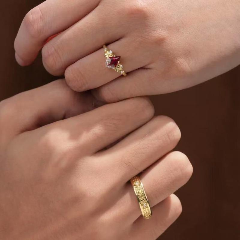 Elegant Gold Color Inlaid with Red Stone Square Leaf Flower Rings Set  Party Engagement Wedding Rings for Women Jewelry