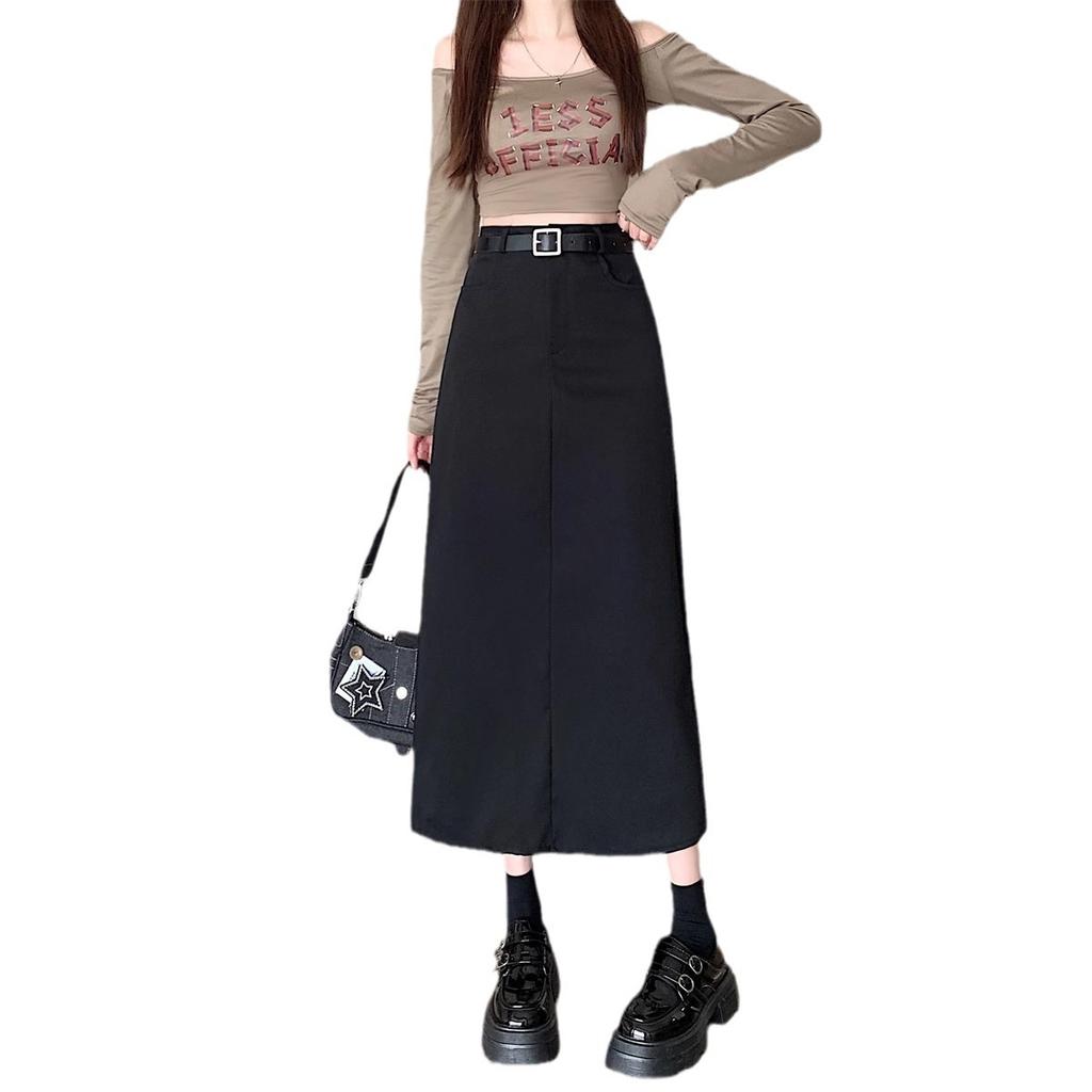 Plus Size Preppy Grey Pencil Skirt for Women Hip Covering Slimming High Waisted A Line Casual All Match Versatile Midi Straight Skirt
