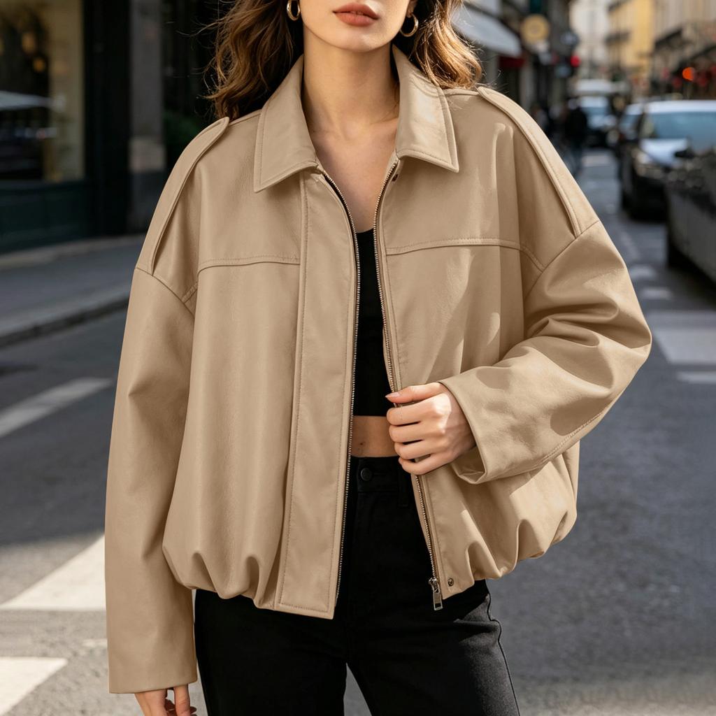 Damen Casual Unifarbene Bomberjacke mit Fledermausärmeln Leichte lockere Jacke mit Kragen und elastischem Saum
