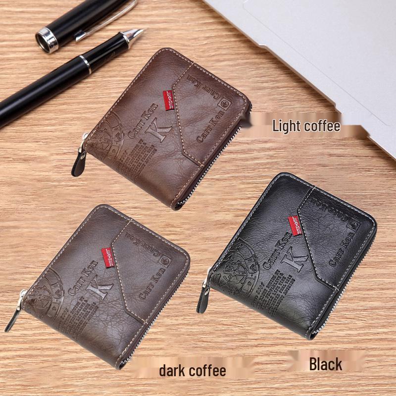 Korean Style Men's Retro Short Wallet - Patchwork Card Holder with Zippered Coin Purse and Driver's License Document Bag.