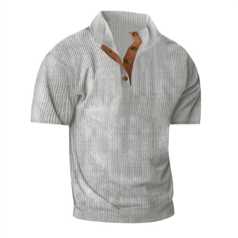 Men Ribbed Knit Henley Polo Shirt Short Sleeve Casual Button Neck Top S