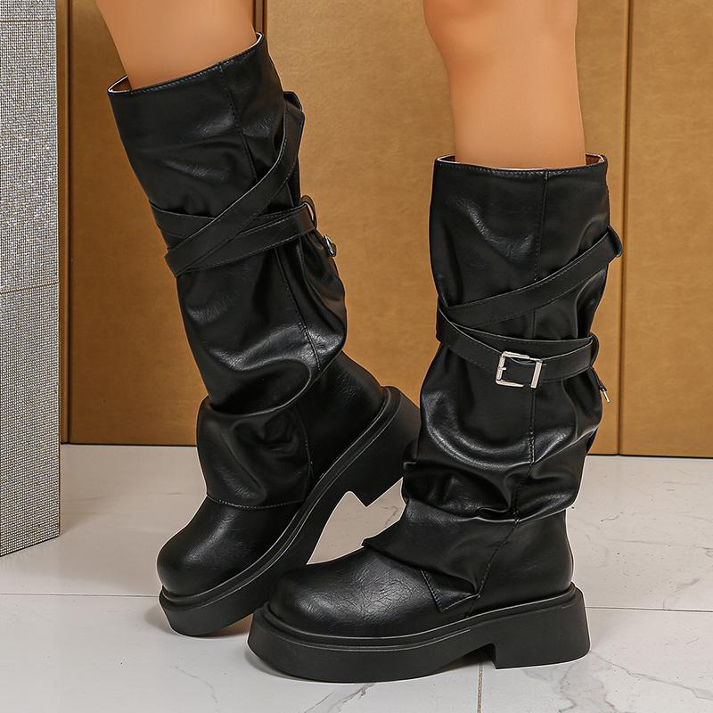 Fashion Fall Winter 2025 Fashion Pleated Knight Boots Buckle Strap Decor PU Leather Mid Calf Botas Mujer Chunky Platform Western Boots