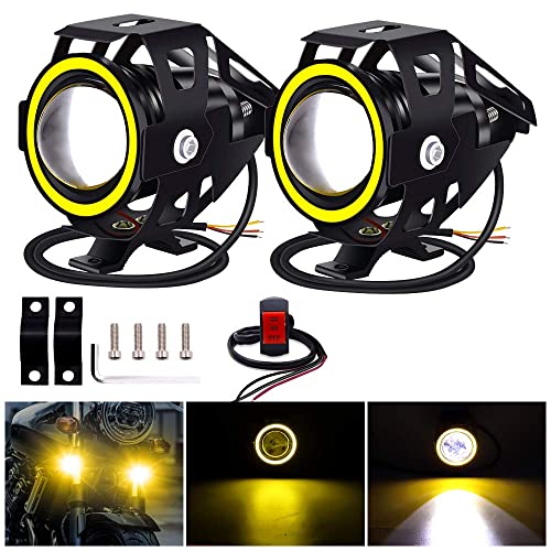 X-STYLE U7 Motorcycle Fog Lights, LED, Dual Mode, White + Yellow Squid Ring, Headlight, Auxiliary Light, Bullet Shape, 12V, Universal, with Switch, Se