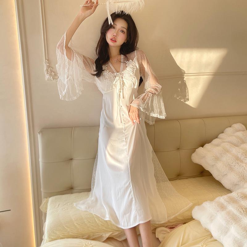 New sexy pajamas women's ice silk summer lace long dress French fairy style can be worn outside loungewear