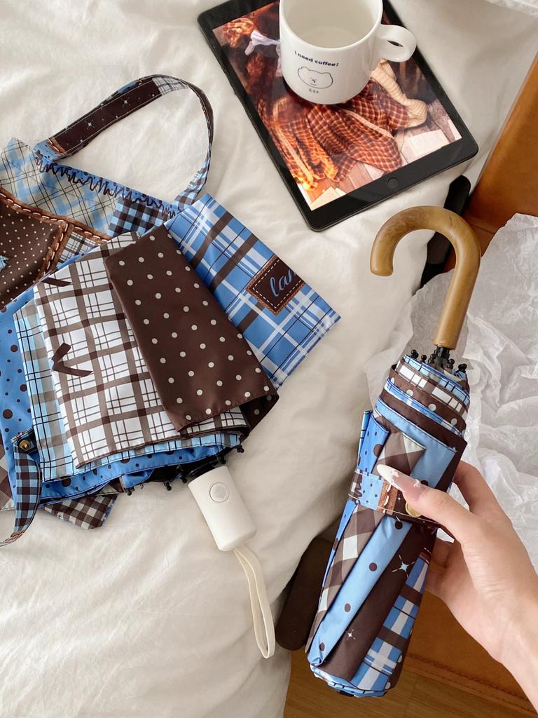 Maillard Blue-Brown Plaid Hook Umbrella for Women, Dual-Use for Sun and Rain, Student Foldable Portable Sun Umbrella, Sun Protection Parasol