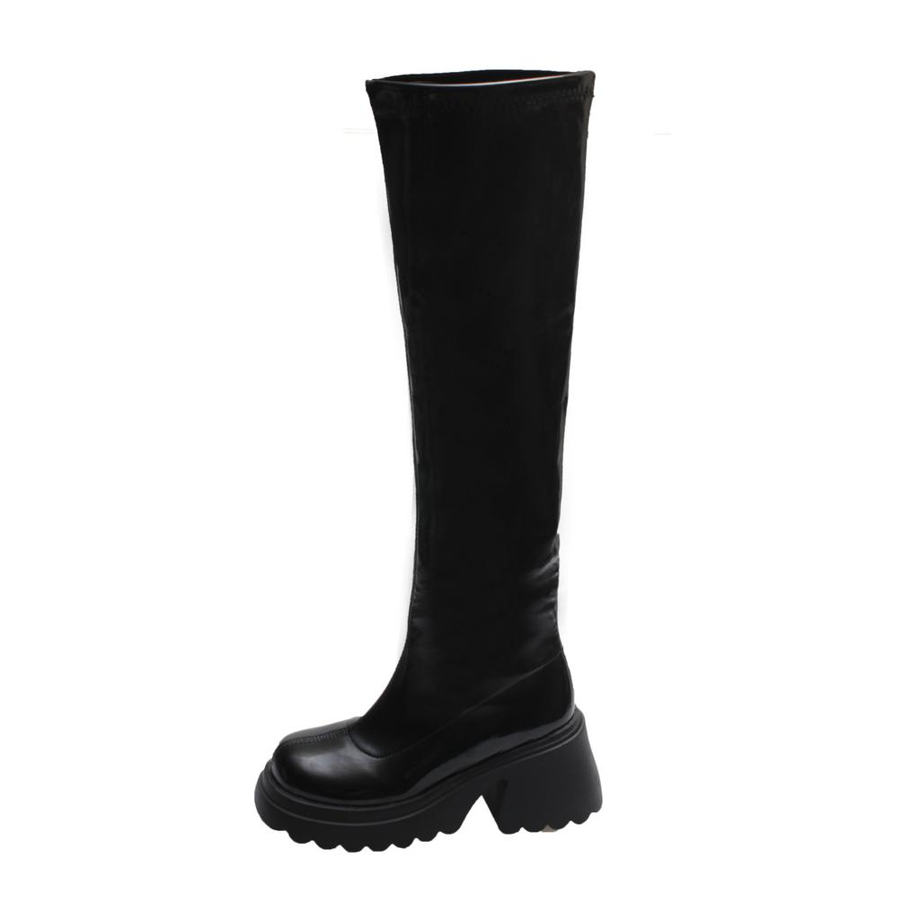 Black Boots Women's Autumn Thick-soled Elastic Boots Waterproof Table High Boots Patent Leather High-heeled Boots Thick Heel Thin Boots