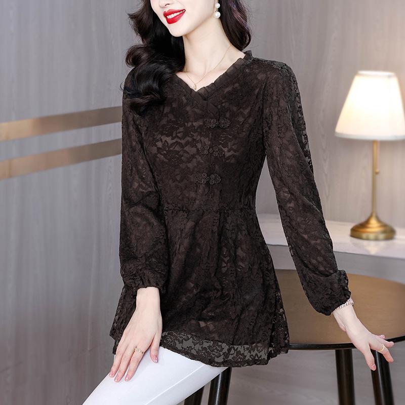 

Кружевной топ большого размера - Базовая рубашка с длинным рукавом на осень/зиму для женщин XL