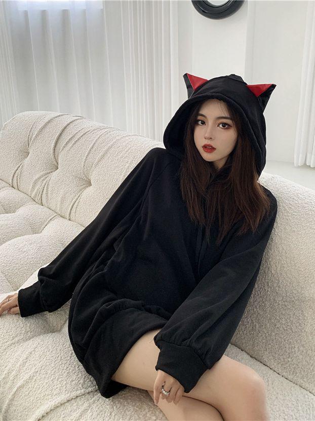 2025 Women's Winter Cat Ear Mid-Length Fleece Hoodie - Fun Plus Velvet Black