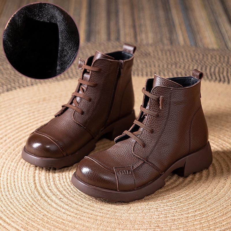 Johnature Genuine Leather Warm Round Toe Soft Soled Short Boots Low Heel Non Slip Casual Women's Shoes