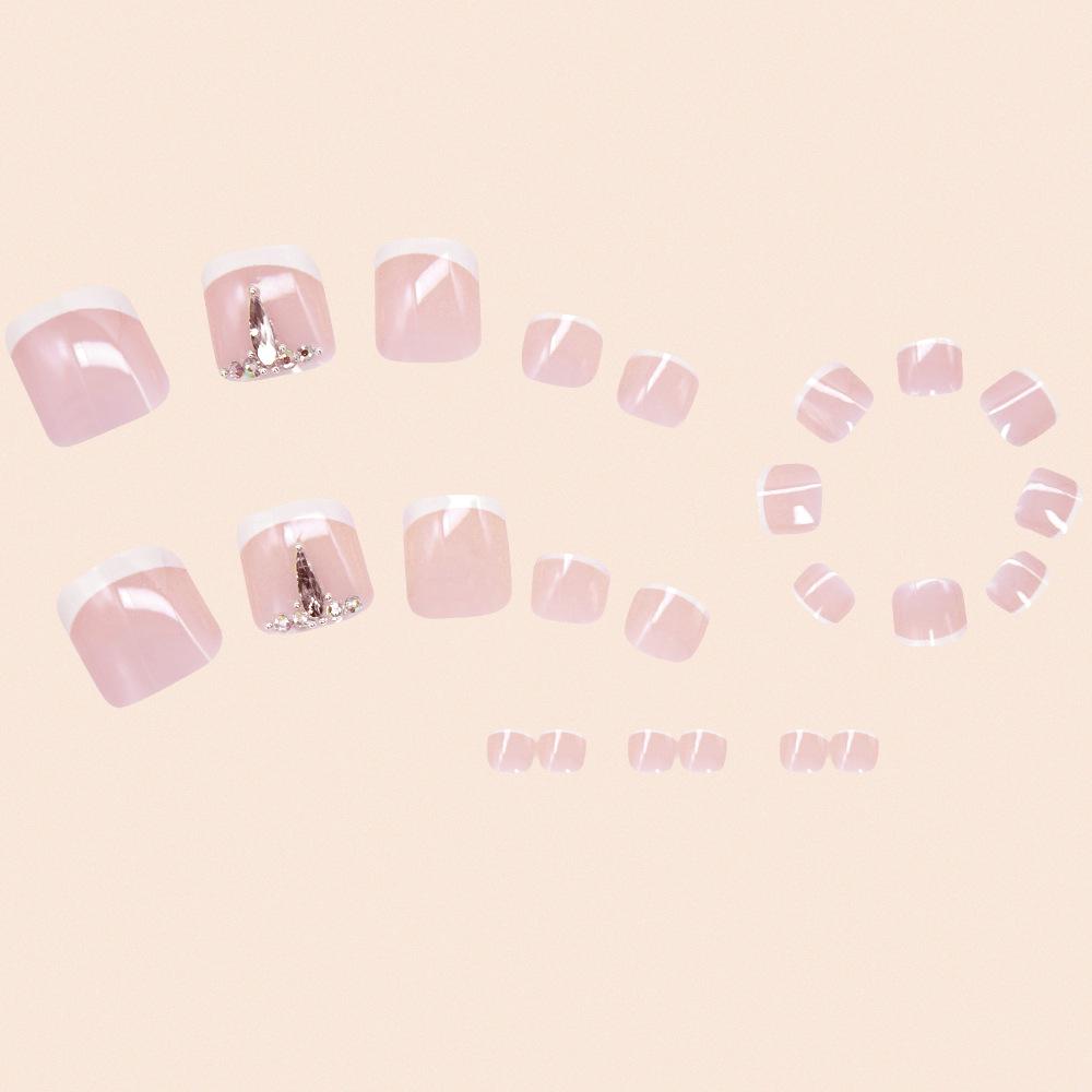 24-Piece Minimalist French Bling Press-On Toenails with Pink Glitter & Rhinestones