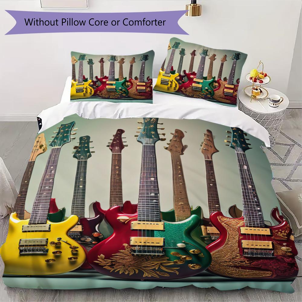 1PC Electric guitar Theme Bedding Quilt Set Quilt Cover Pillowcase Home Decoration Birthday Gift (1 * duvet cover + 2 * pillowcase, without core)A1