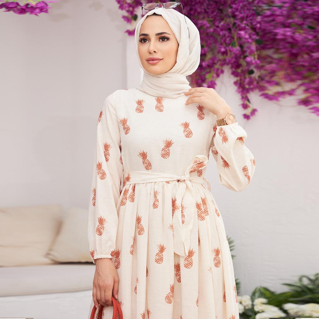 Ananas Wzorzyste Kobiety Sukienka Opasana Połowa Podszyta Zapinana Na Zamek Islamski Muzułmański Nowy Sezon Letni Model Tkanina Lniana Made in Turcji