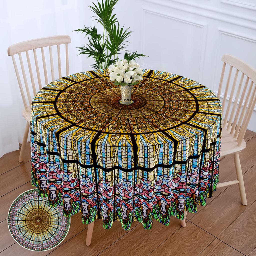 1 Piece Circular Tablecloth With Green Red Flower Waterproof Colorful Terrace Table Cover Multi-Purpose 63 Inch Totem Tablecloth