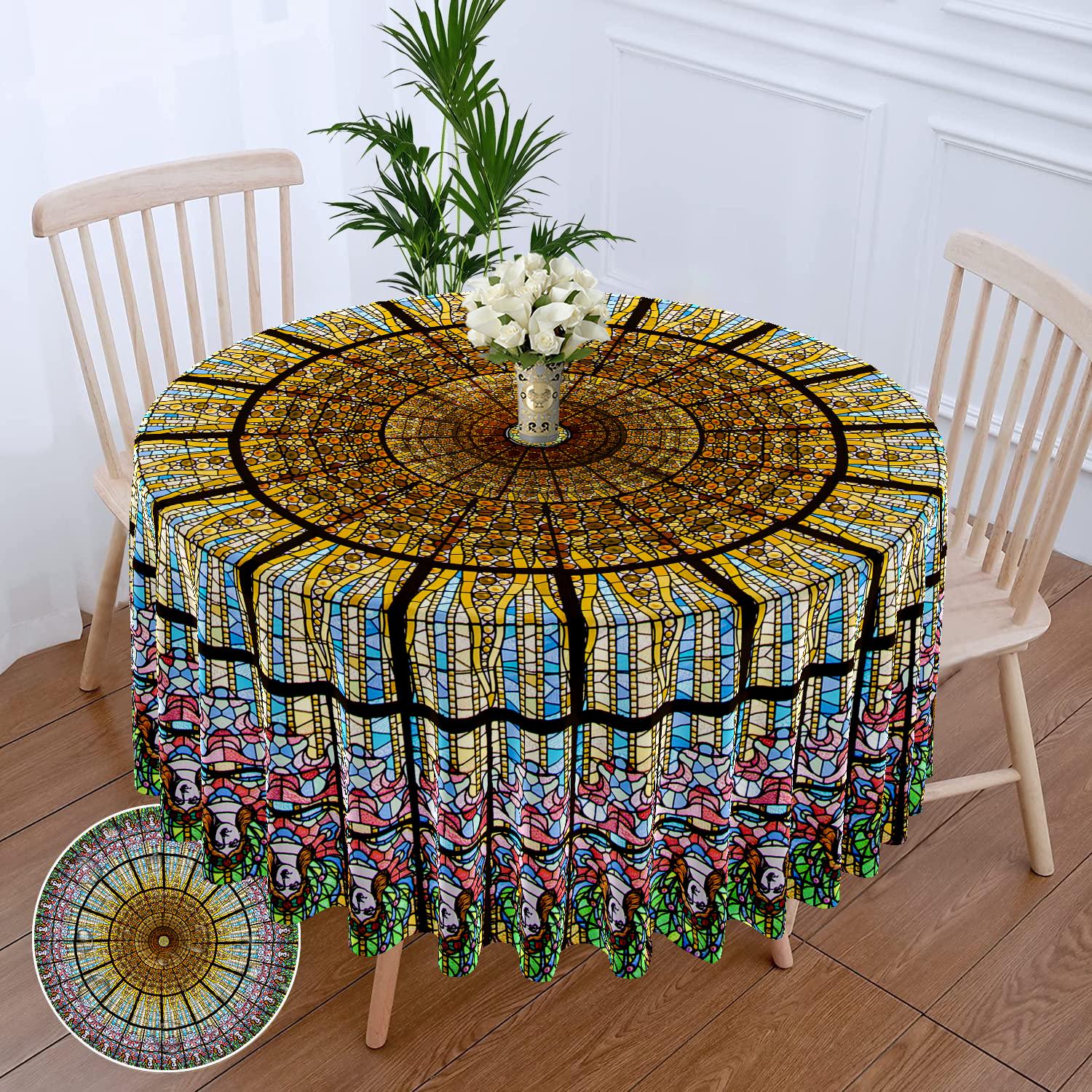 1 Stuk Ronde Tafelkleed Met Groene Rode Bloemen Waterdicht Kleurrijk Terras Tafelkleed Multifunctioneel 63 Inch Totem Tafelkleed W63inchxL63inch