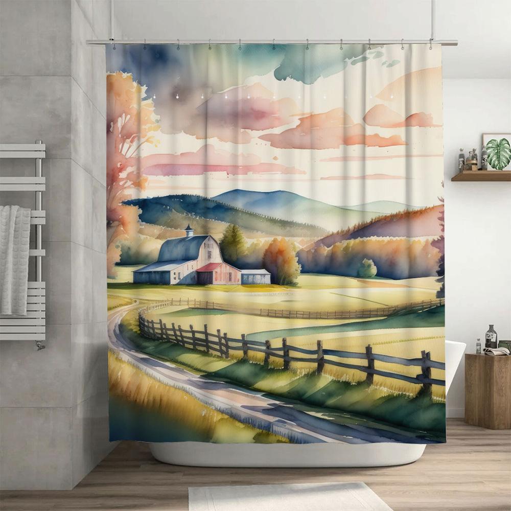 Watercolor Farmhouse Bathroom Shower Curtain with Blue Sky Mountain View Modern Print Decorative Home Bath Linen Fabric Waterpro