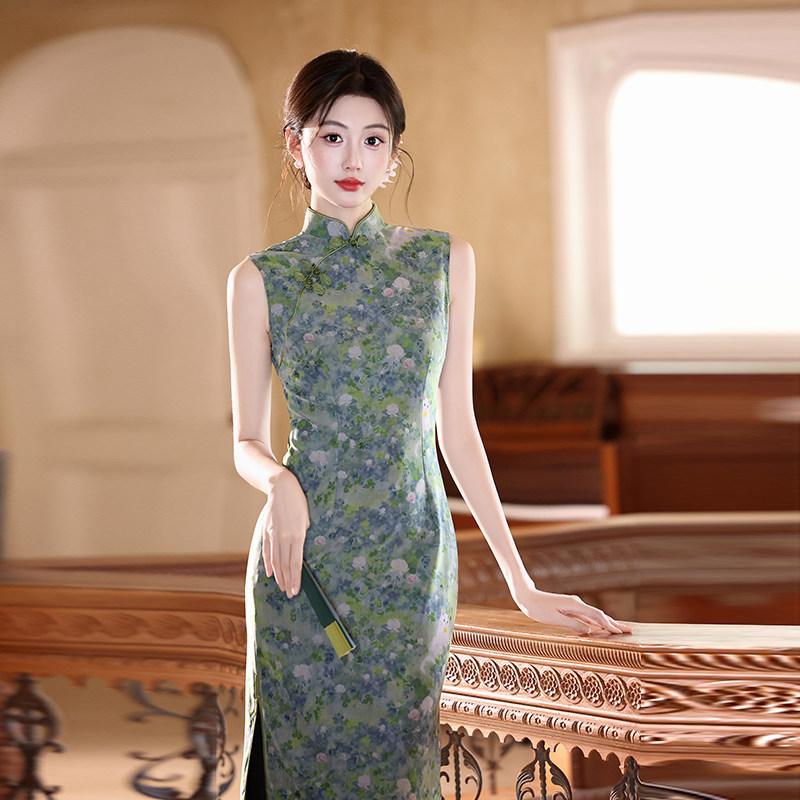 Green sleeveless national style new Chinese daily Suzhou long cheongsam improved young 1011 new women's high sense