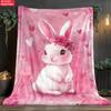 Bunny with Floral Crown Hearts Pink Throw Blanket - Cute Rabbit Animal Pattern Cozy Soft Accent for Bed Couch Travel Camping