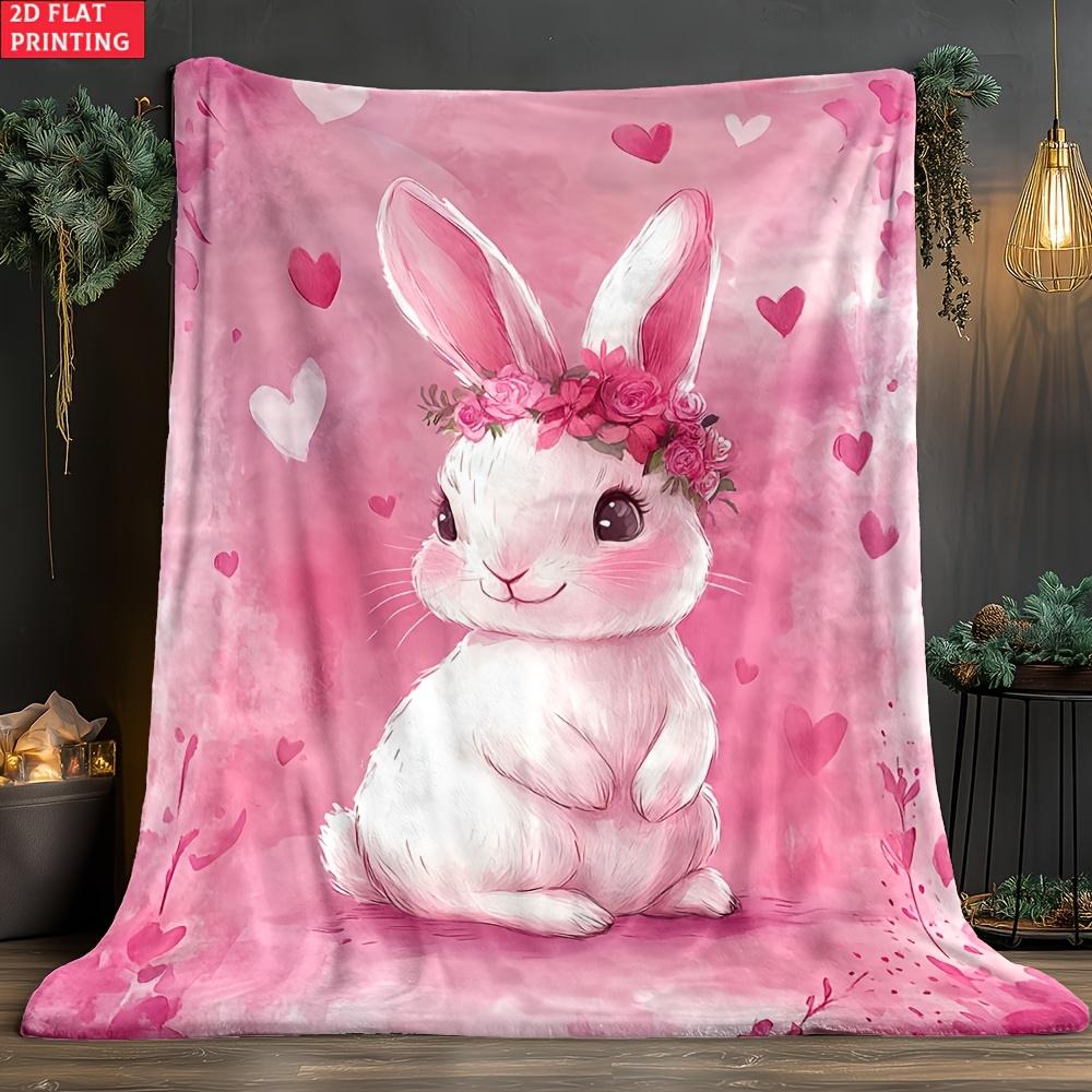 Bunny with Floral Crown Hearts Pink Throw Blanket - Cute Rabbit Animal Pattern Cozy Soft Accent for Bed Couch Travel Camping