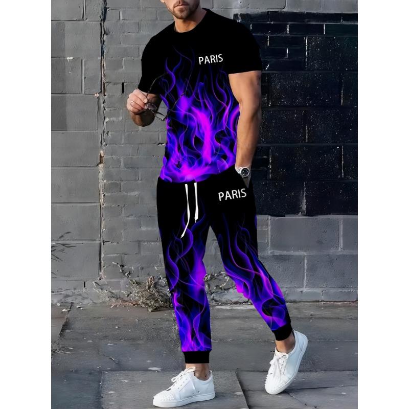 Men'S Casual Suit with Blue Flame High-Definition Pattern 3D Print On Round-Neck Short-Sleeved T-Shirt And Drawstring Straight-Leg Pants