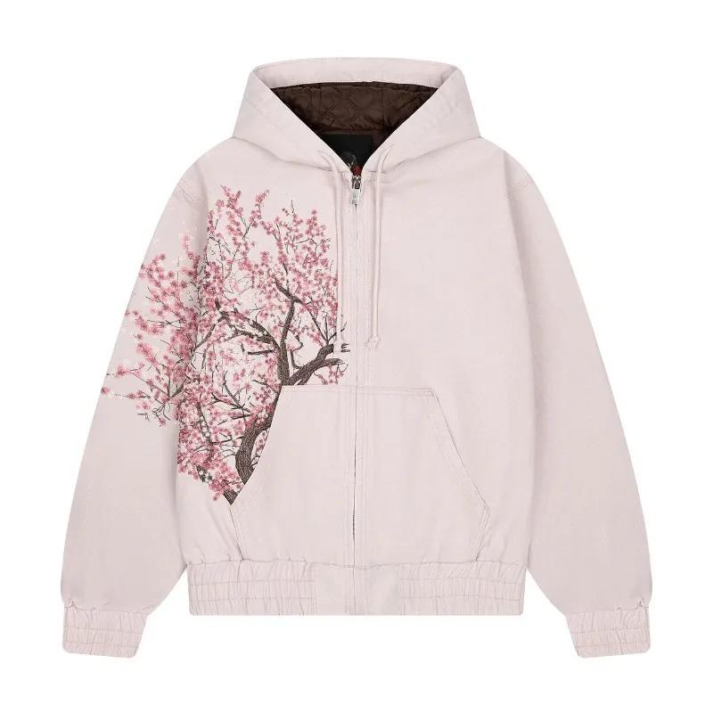 Harajuku Plum Tree Embroidered Oversized Pink Zipper Hoodies For Men and Women Y2K New Gothic Fashion Retro Street Sweatshirts