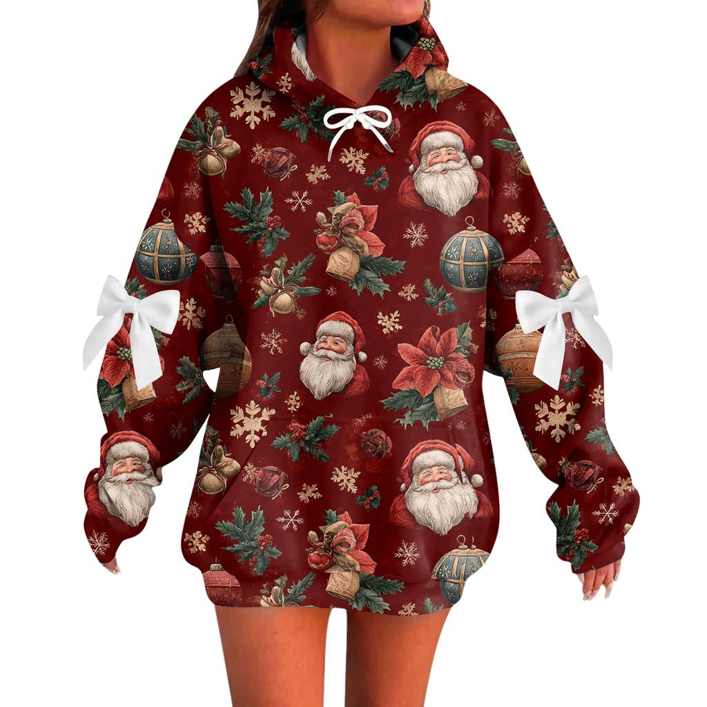 Ladies' Christmas Printed Bow Long Sleeved Loose Fitting Headband With Rope Hooded Sweatshirt Top