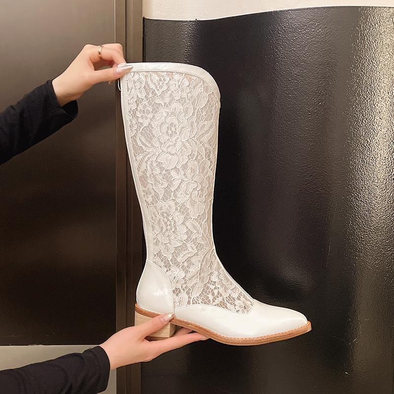 Fashion New Genuine Leather Printed Pointed Toe Black Mesh Sexy and Elegant Chunky Middle Heel Side Zipper Designder Boots Zapatos Mujer