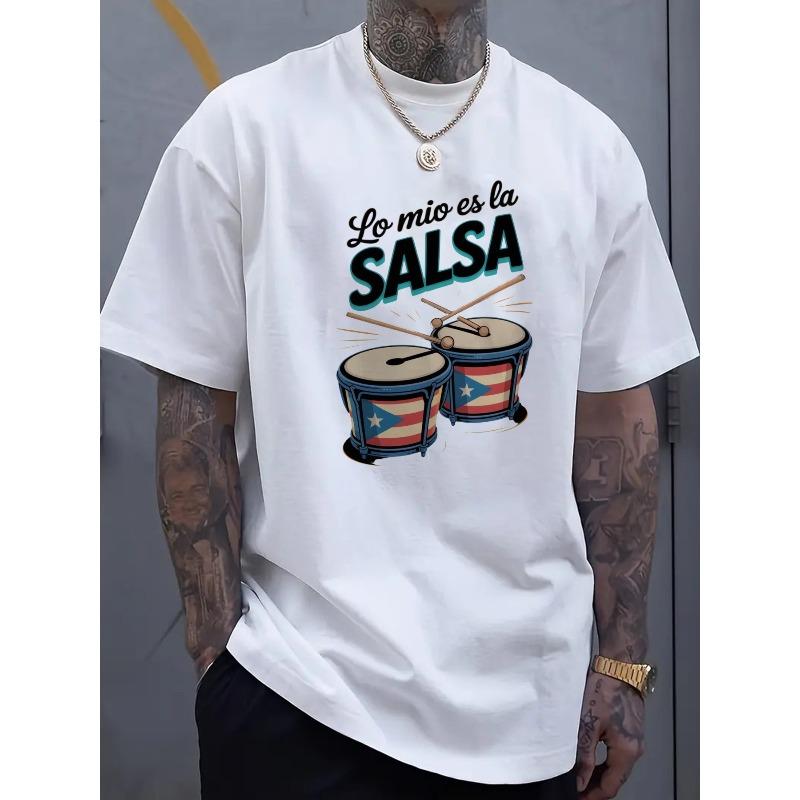 European Sizes Men's Black T-Shirt - Puerto Rican Flag Bongo Drums Graphic Print,Regular Fit Short Sleeve Round Neck for Salsa Music Fans, Printed T