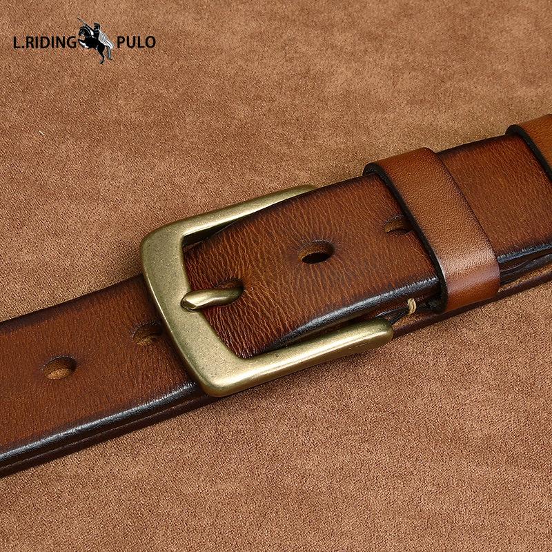 Men's Genuine Leather Belt with Pin Buckle, Retro Pure Copper, Simple and Versatile Jeans Belt