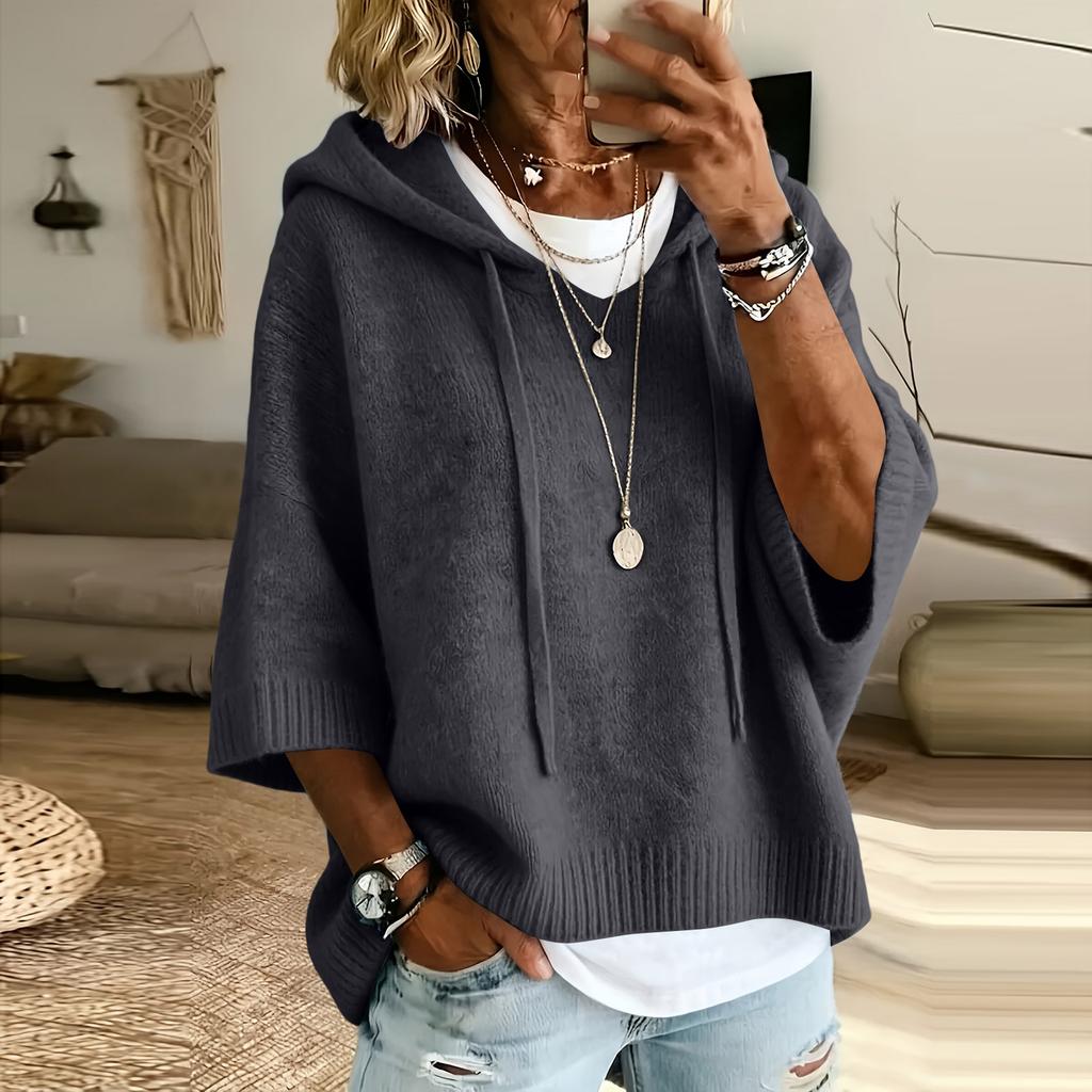 Women's Color Knitted Hooded Sweatshirt with Drawstring New Arrival