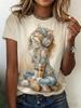 Women's Summer Fashion Short Sleeved Top Sweetwear Cute Cat Pattern Print Daily Date Attire T-Shirts Women Tees Clothing Female