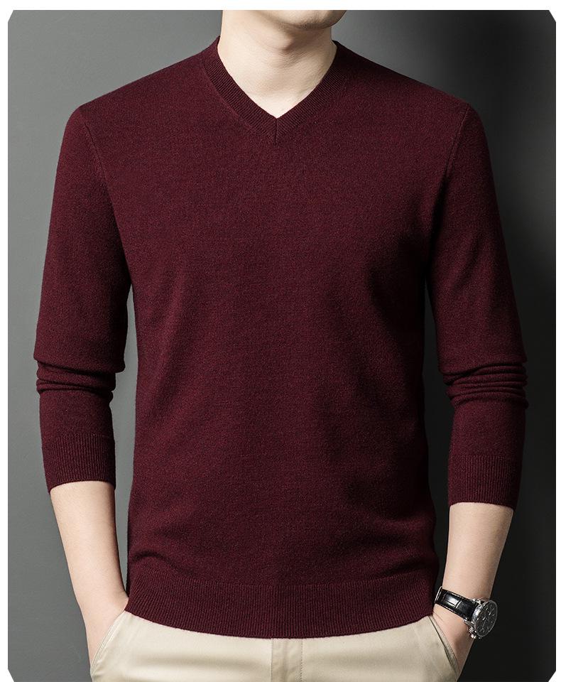 Men's Casual V-Neck Solid Color Knit Sweater - Autumn/Winter Long Sleeve Base Layer