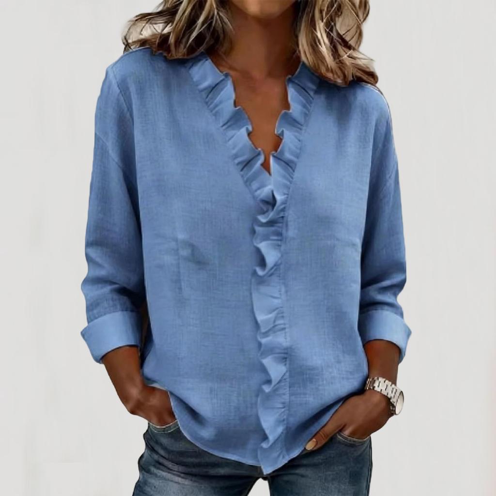 Women's Fashionable Color V Neck  Long Sleeved Shirt Casual Pullover Top