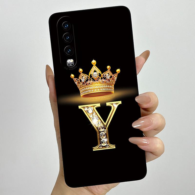 Back Cover For Huawei P30 ELE-L29 P 30 Pro VOG-L29 Crown Initial Letter Phone Case Liquid Soft Silicone Lens Protective Casing