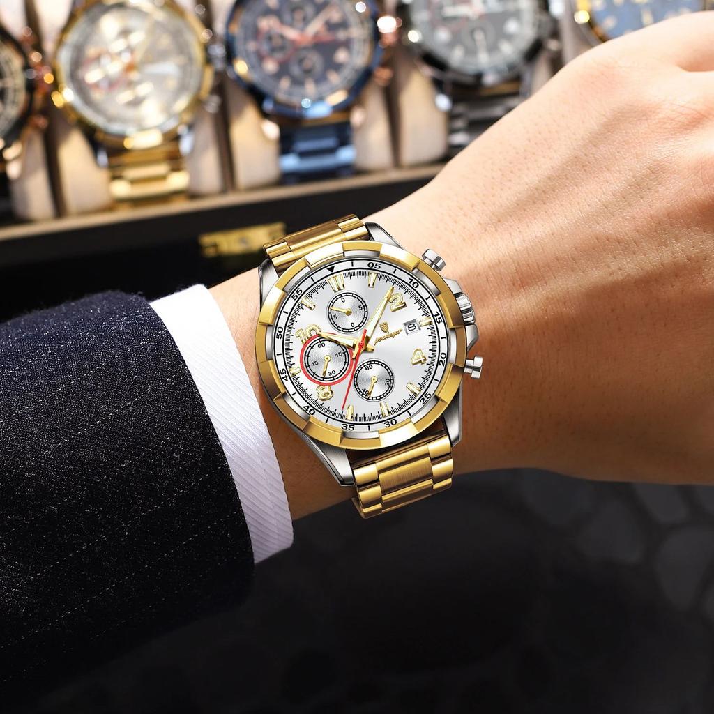 POEDAGAR Fashion Men's Wristwatch Luminous Waterproof Stainless Steel Man Watch Chronograph Date Business Quartz Watches For Men
