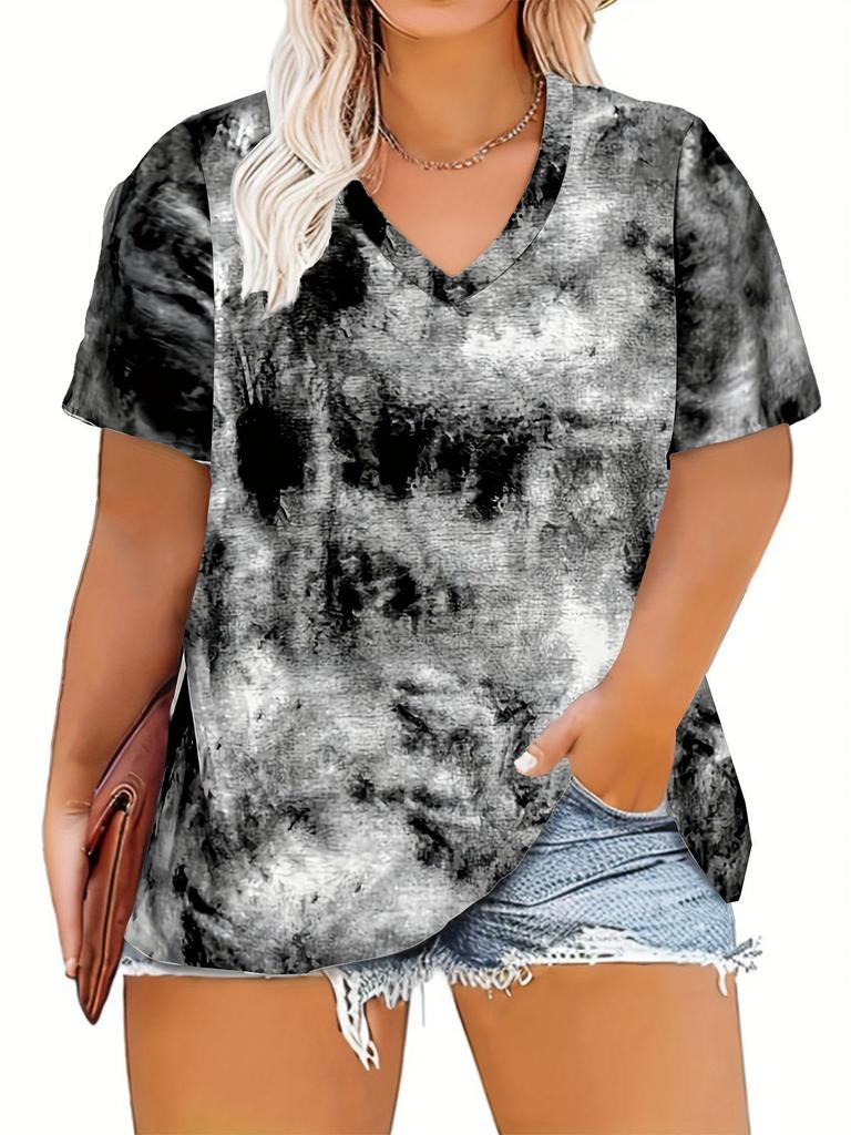 Plus Size Tie-Dye V-Neck Top for Women - Purple, Red, Gray