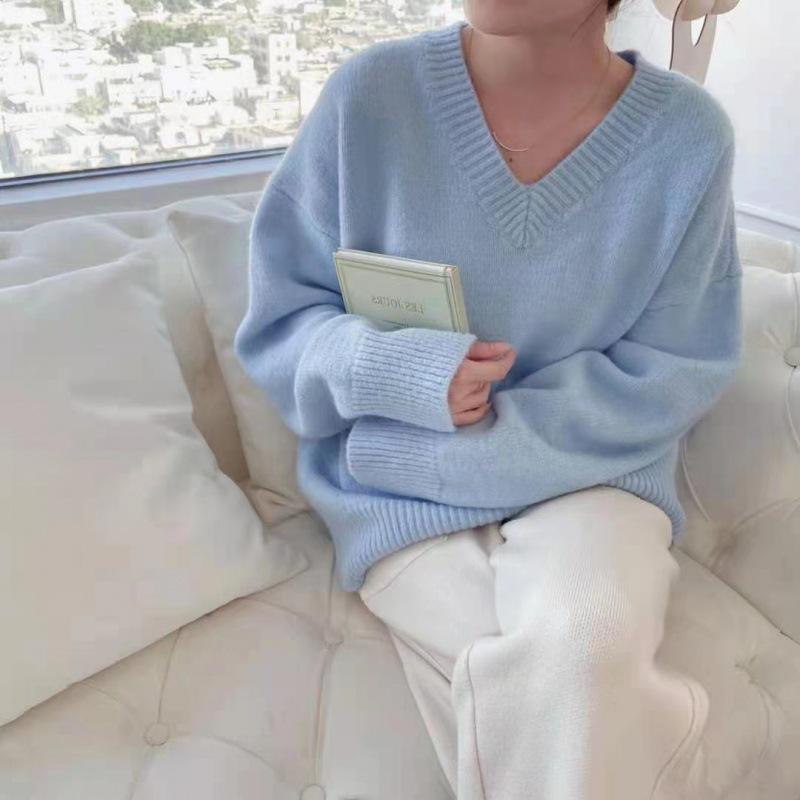 2024 Early Autumn Women's V-Neck Loose Knit Sweater – Versatile, Solid Color Pullover