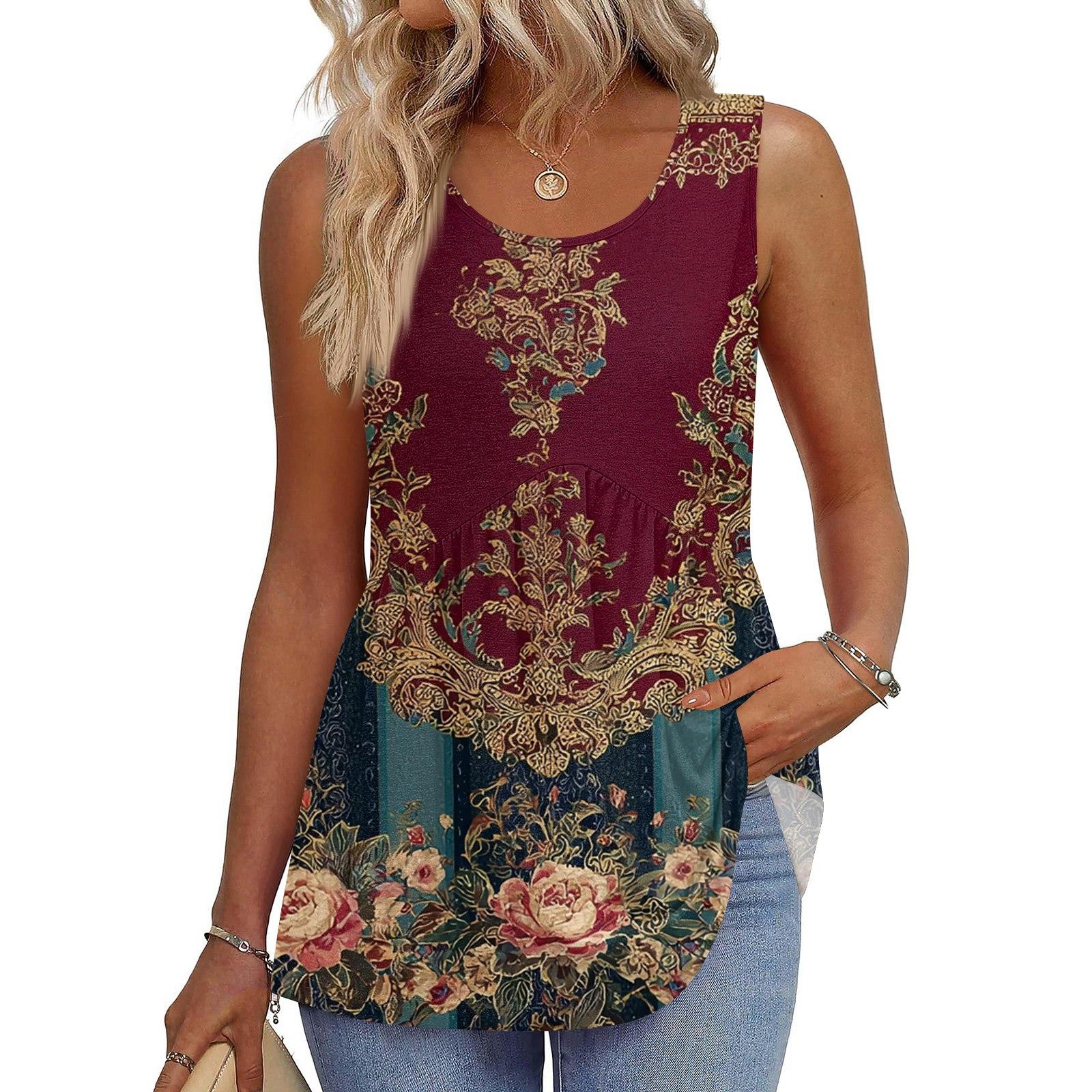 

Square Collar Tank Top Women Print Tank Tee Casual Loose Fit Sleeveless Shirt XL винний