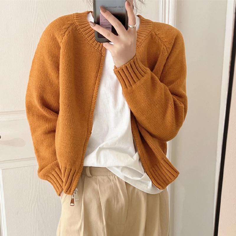 Dámský pletený svetr s kulatým výstřihem na zip Cardigan Short Coat