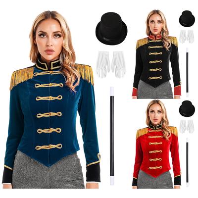 S-3XL Women Magician Circus Ringmaster Costume Long Sleeve Stand Collar Fringe Shoulder Front Button Golden Trimming Jacket with Hat and Gloves