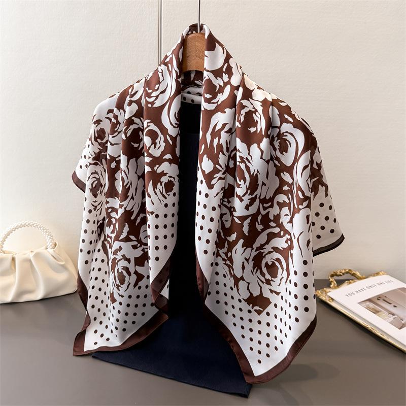 

French Elegant Imitation Silk High-End Printing Large Square Scarf Silk Scarf Shawl Headscarf Neck Protection Scarf Decorative Women S Scarf 90*90cm