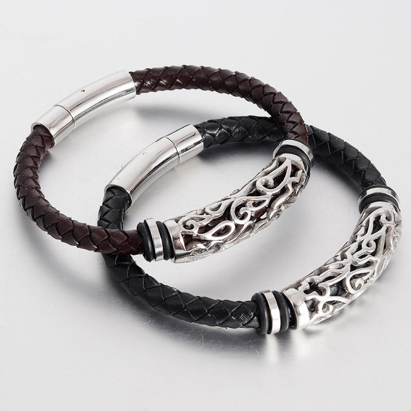 Trendy Men Jewelry Genuine Leather Bracelets Men Stainless Steel Grain Clasp Charm Rope Bracelets&Bangles Male Jewerly