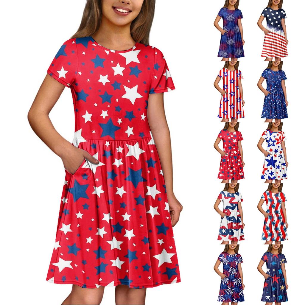 Mädchen Sommerkleid Einfarbig & Druck Ärmelloses Kleid mit Tasche Freizeitkleid Kurzarm Partykleid