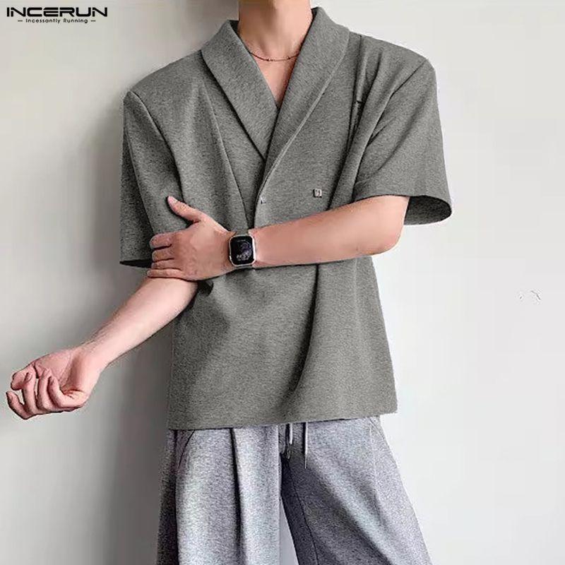 INCERUN Mens Lapel Neck Short Sleeve Casual Loose T-shirts Tops
