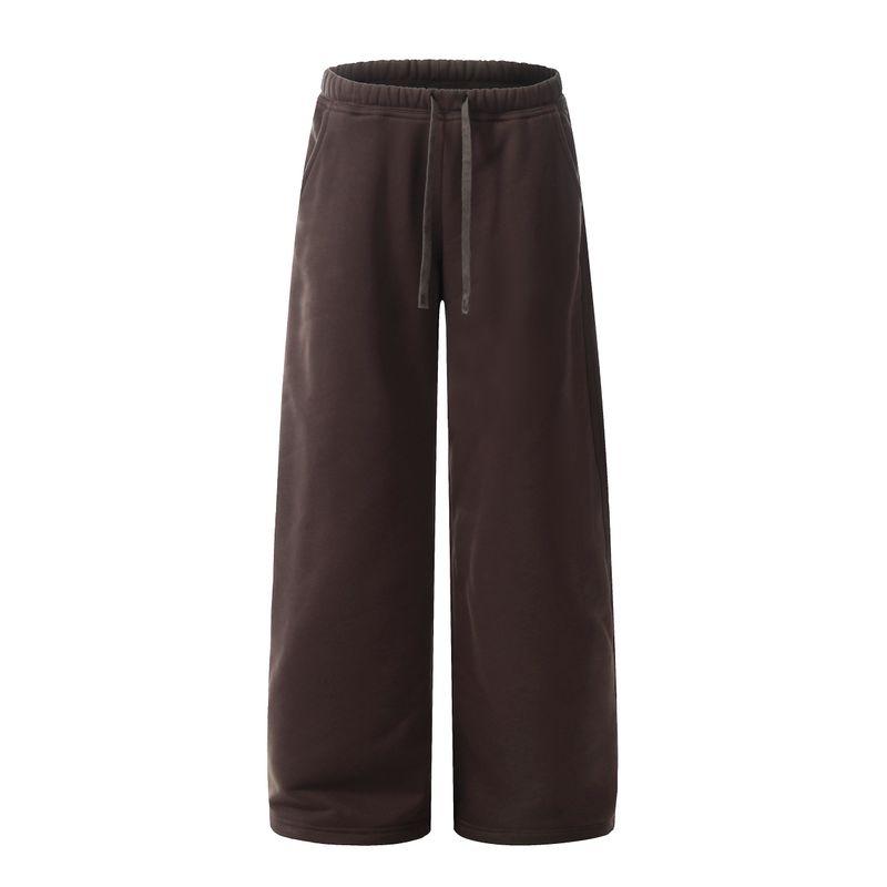 

American Retro Drawstring Fleece-Lined Scimitar Sweatpants for Men and Women, Autumn and Winter Trendy Brand Commuting Loose Straight Casual Pants Curry color(Adjustable Trouser Legs) M