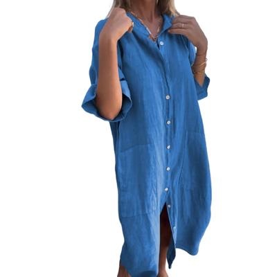 Women's Summer Cotton Linen Shirt Dresses Fashion Solid Color Lapel Button Up Pocket Half Sleeve Dress