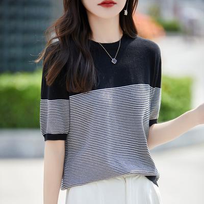 Contrast Color Striped Pure Cotton Women's T-shirt Summer Lazy Style Versatile Slim Round Neck T-shirt Color Block Fashionable Sweater Top