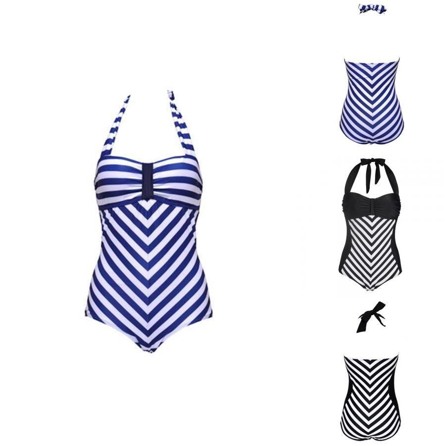 Elegante Costume da Bagno Nero con Scollo a V Profondo e Spalline Sottili Taglie Forti per Costumi da Bagno a Strisce Donna
