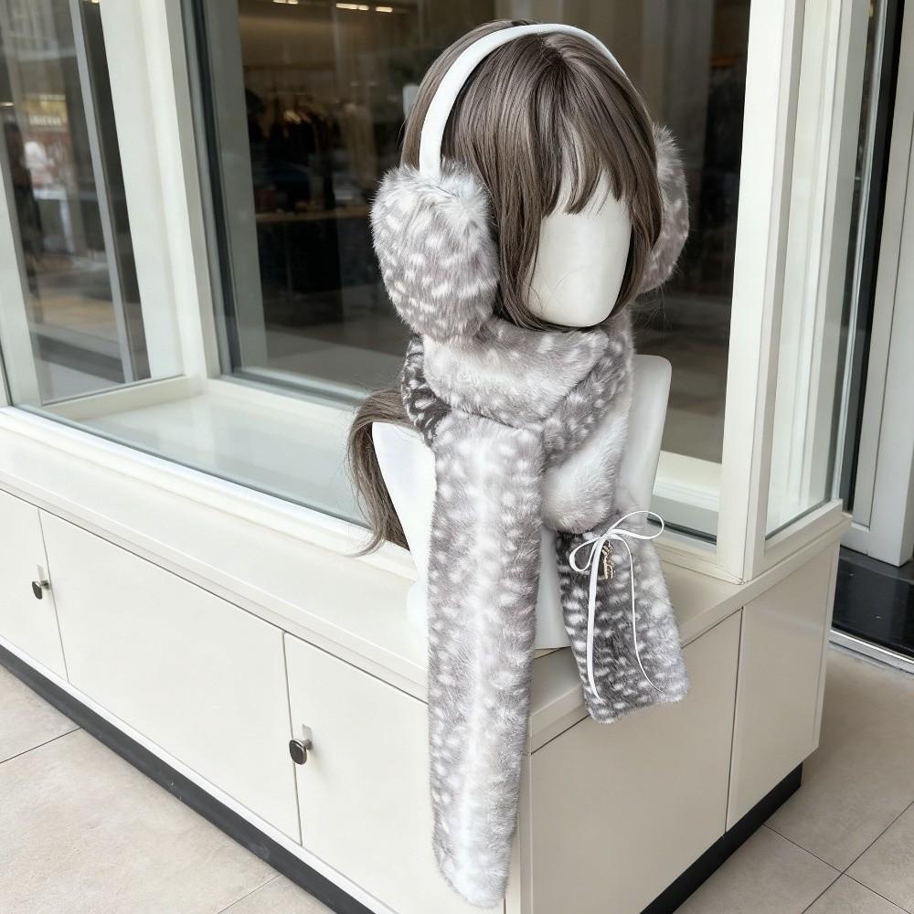 Soft Fluffy Deer Patterned Faux Fur Scarf Thick Warm Plush Earmuffs Shopping Trip