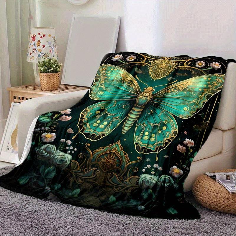 1pc Green Butterfly Printing Lightweight Flannel Blanket, Comfortable and Warm Blanket, for Camping Sofa Bed and Couch Office, Gift